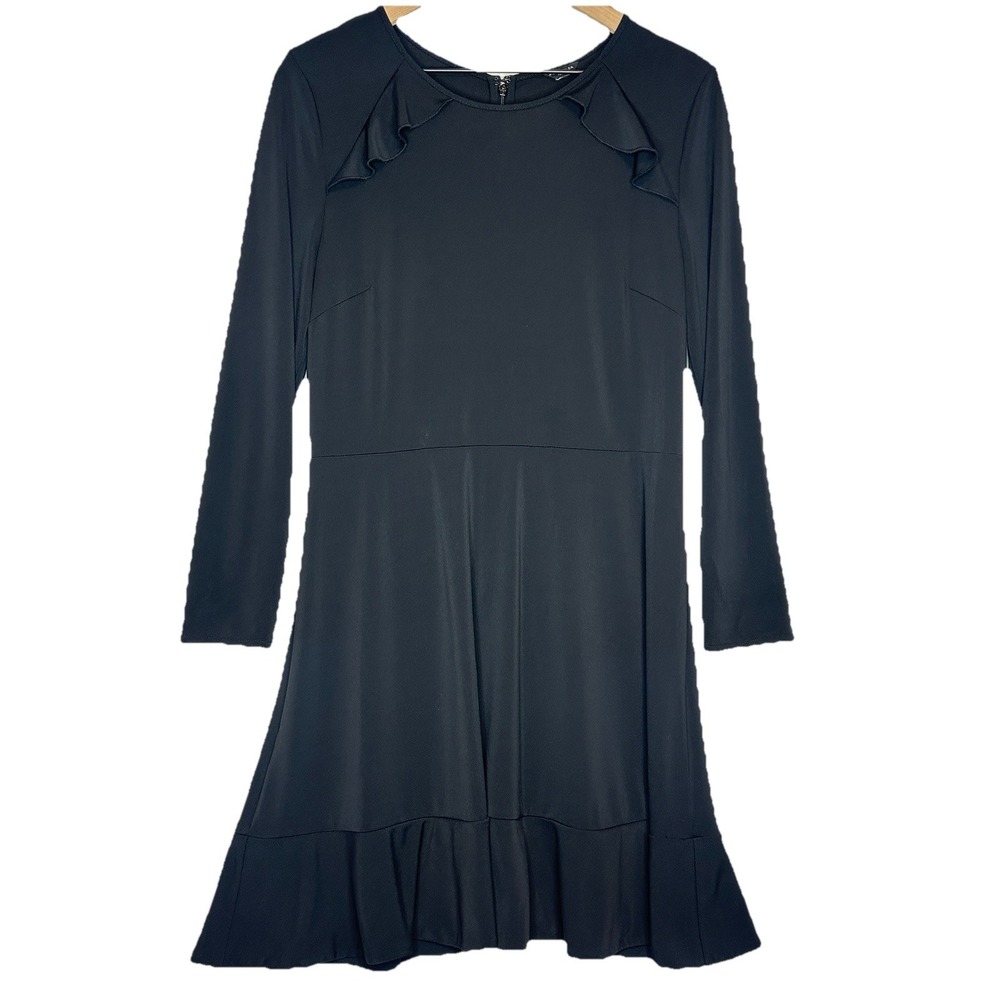 Ann Taylor Petite 8P‎ Minimalist Fit & Flare Dress Ruffle Timeless Long Sleeve